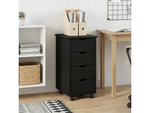 Caisson roulant de bureau, meuble de rangement 34 x 39 x 65,5 cm bois de pin massif noir