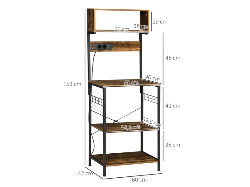  Étagère de cuisine support pour micro-ondes avec 2 prise de courant et 2 chargeurs usb, 5 crochets et étagère réglable  - Conforama C