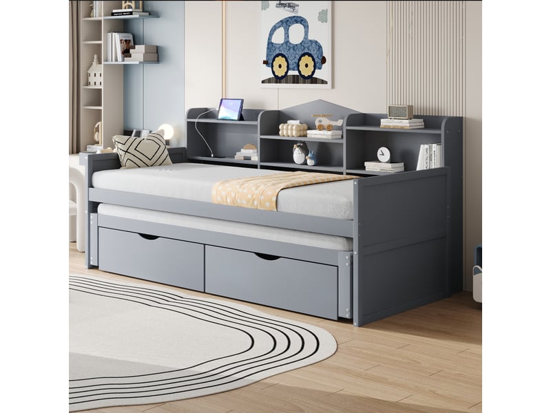  Canapé-lit 90x200 cm avec lit gigogne 90x190 cm, lit simple avec 2 tiroirs et panier de rangement, gris, lit enfant avec prise usb  - Conforama D
