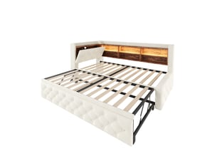 Canapé-lit extensible 90 × 190 cm beige en velours, rangement accoudoir, tête de lit avec tablette, led, usb et usb-c