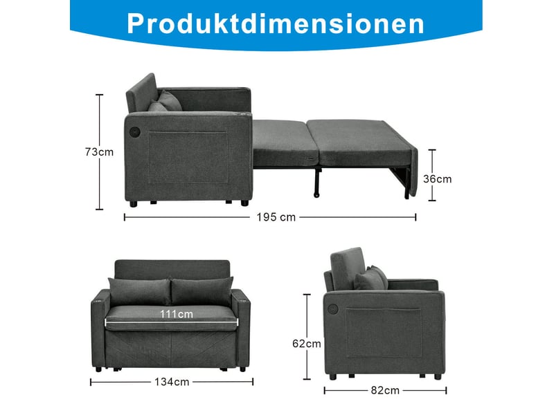  Canapé-lit convertible ulevr 2 places 3-en-1 coulissant avec usb, 195 x 134 cm, tissu gris foncé  - Conforama C