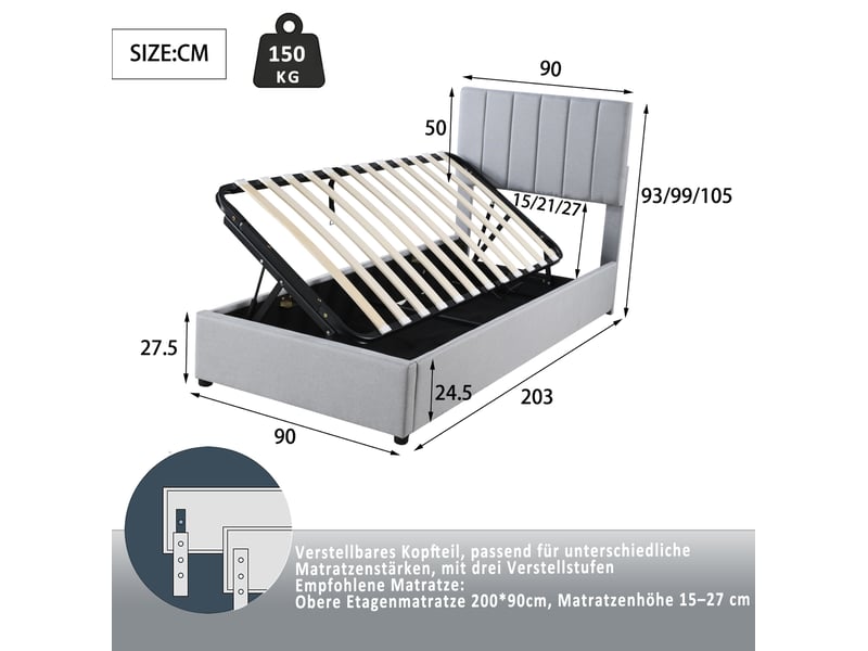 Lit enfant rembourré 90x200 cm avec coffre hydraulique et tête de lit réglable gris - Conforama C