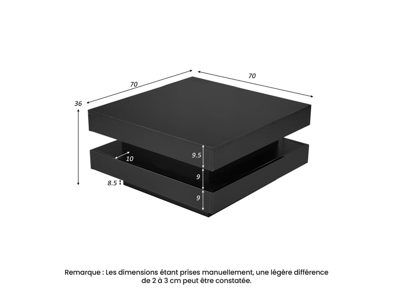  Table basse carrée avec led réglable par application bluetooth, finition brillante, en panneaux de particules, noir - uvrion  - Conforama D