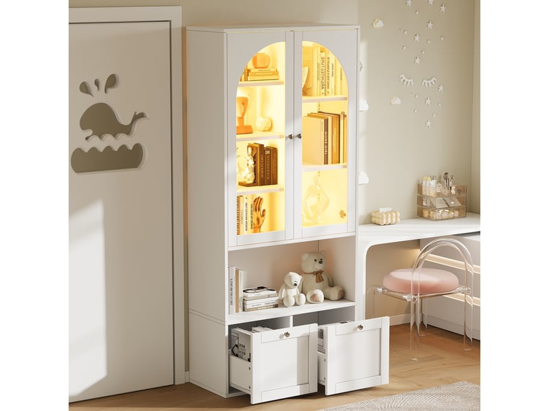  Vitrine led blanche avec portes vitrées cintrées et tiroirs, 80 x 35 x 180 cm, mdf et verre  - Conforama R
