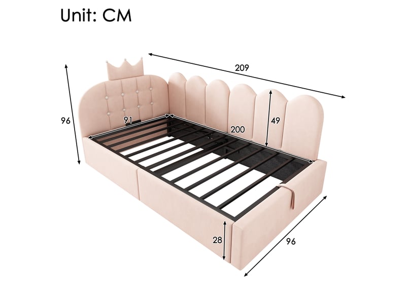  Lit coffre 90x200 cm avec méridienne en velours rose, motif couronne  - Conforama E