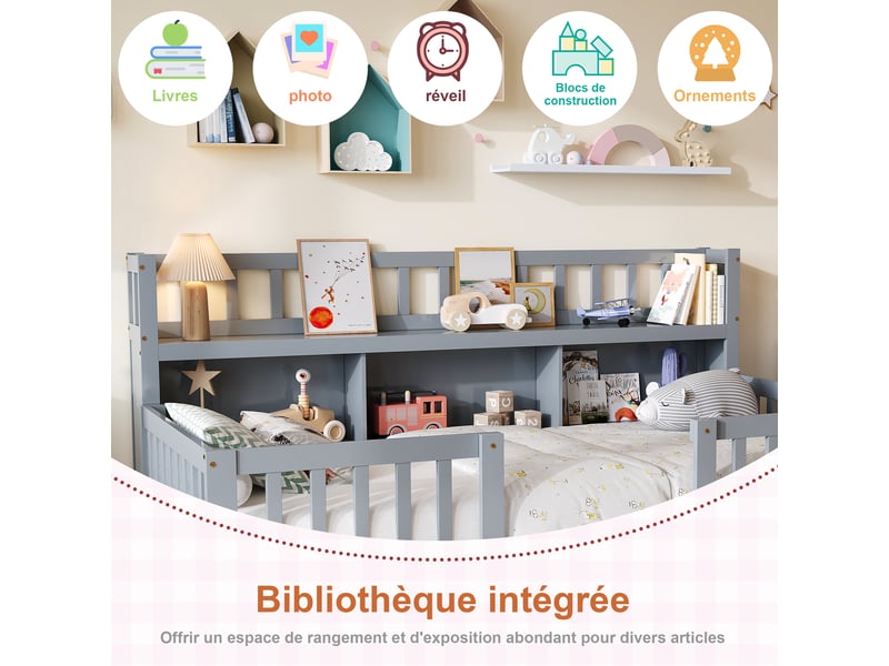  Lit enfant 90x200 avec sommier et bibliotheque,  lit au sol avec rangement étagère et barrière de sécurité, lit montessori,  1 place  - Conforama C