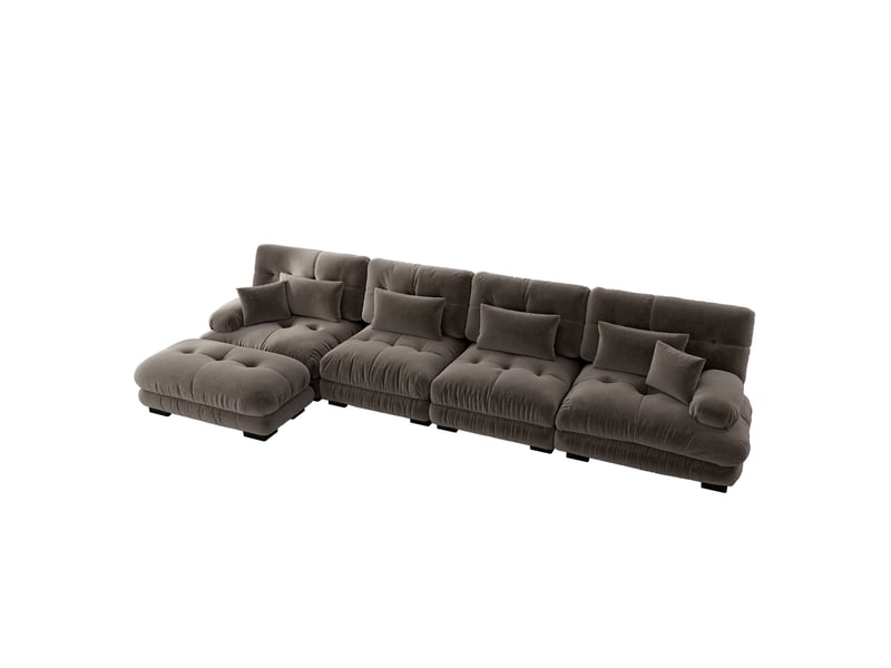 Canapé d'angle, canapé modulable – 4 places, marron, en chenille, style cloud, pouf amovible - Conforama E