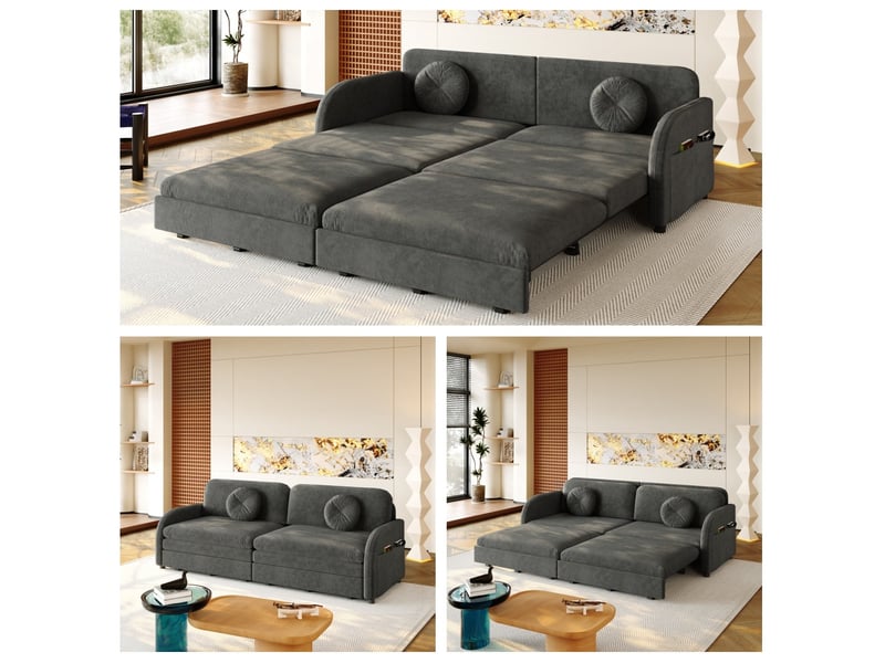  Canapé droit convertible 3 places en tissu gris avec rangement latéral, idéal pour les petits espaces  - Conforama D