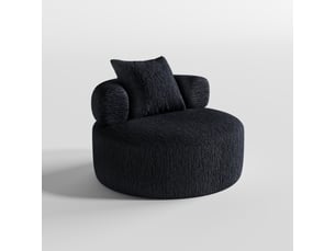 Fauteuil pouf rond avec coussin, dossier enveloppant et base antidérapante, en chenille noir, 100×100×65 cm