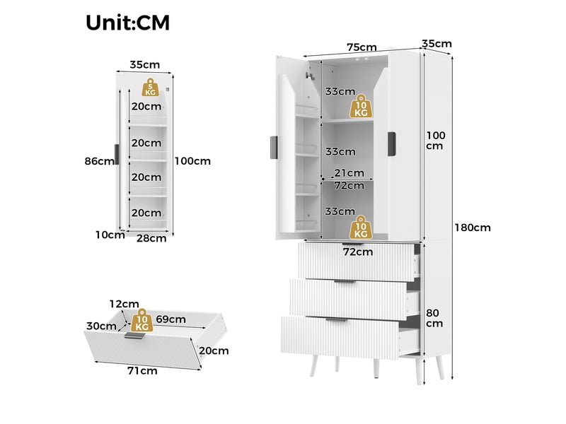  Buffet haut modenvie 75 x 35 x 180 cm avec 2 portes et 3 tiroirs, meuble de rangement en mdf, blanc  - Conforama C