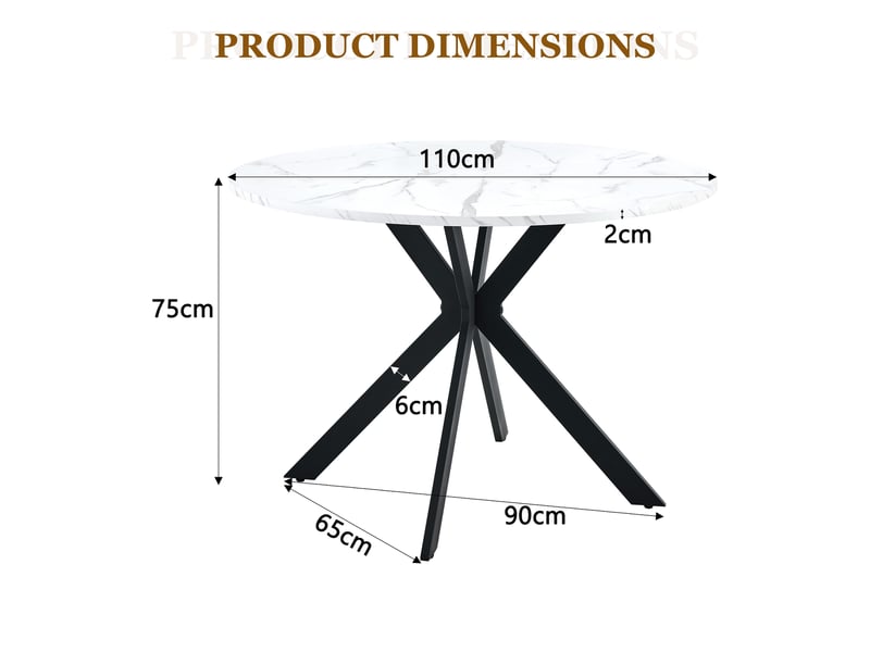  Table de salle à manger ronde en mdf effet marbre, piètement croisé en métal noir, pour cuisine et salon, diamètre 110 cm  - Conforama D