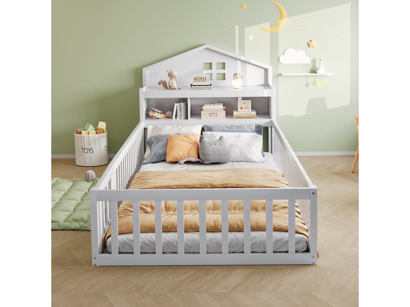 Lit enfant 90x200 cm en bois massif avec rangements, tableau noir et barrière de sécurité - Conforama E