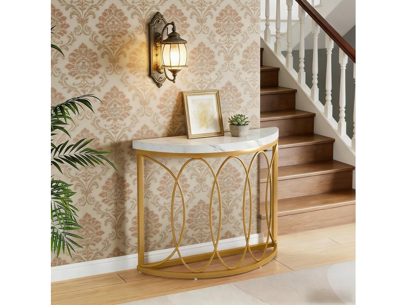  Table console demi-lune avec plateau imitation marbre, cadre en métal, 1 étagère pour entrée et salon, 110 × 35 cm  - Conforama E