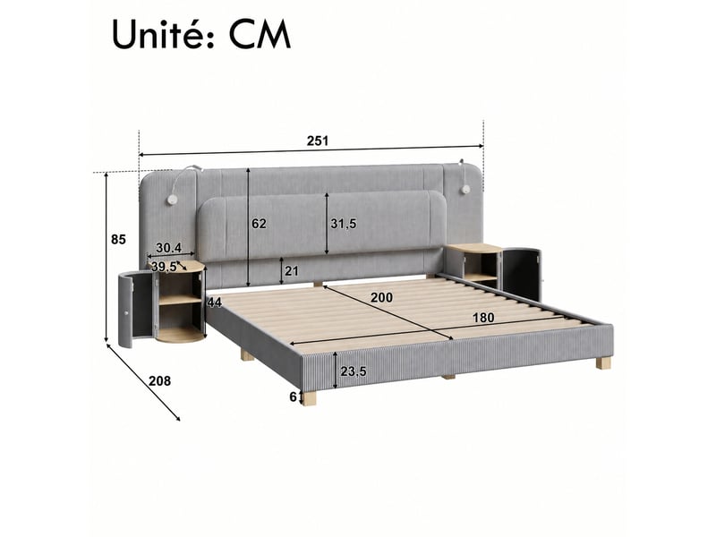  Lit 180x200 cm en velours côtelé gris avec tables de chevet et éclairage led  - Conforama E