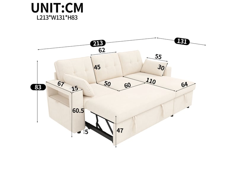  Canapé d'angle convertible 3 places 213x131x83 cm avec coffre, led, usb et rangement, couleur beige, moderne  - Conforama C