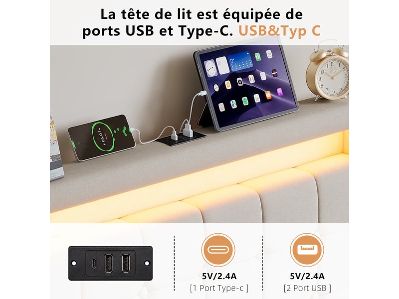  Lit coffre 90x200 avec led et usb, lit 1 place avec rangement hydraulique, lit simple rembourré avec sommier à lattes, sans matelas  - Conforama R