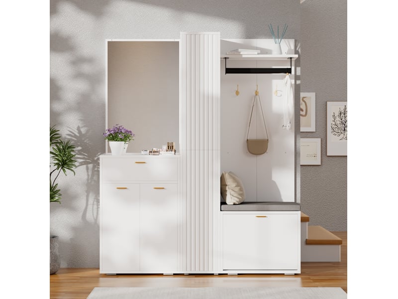  Meuble d’entrée 150x36x180 cm avec miroir, penderie et banc, panneau de particules et mdf, blanc  - Conforama D