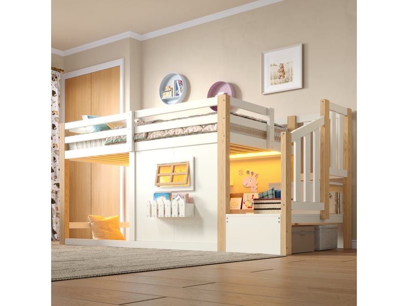  Lit mezzanine 90x200 cm avec escalier de rangement et éclairage led en pin et mdf blanc  - Conforama C