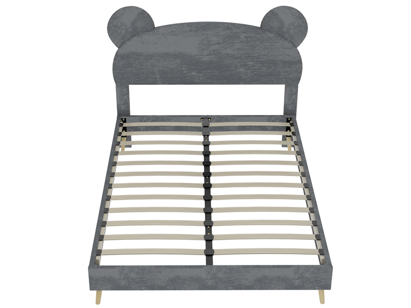  Lit enfant 140x200 cm gris rembourré, tête fantaisie à oreilles d’ours, cadre bas sans coffre ni vérins, sans matelas  - Conforama D