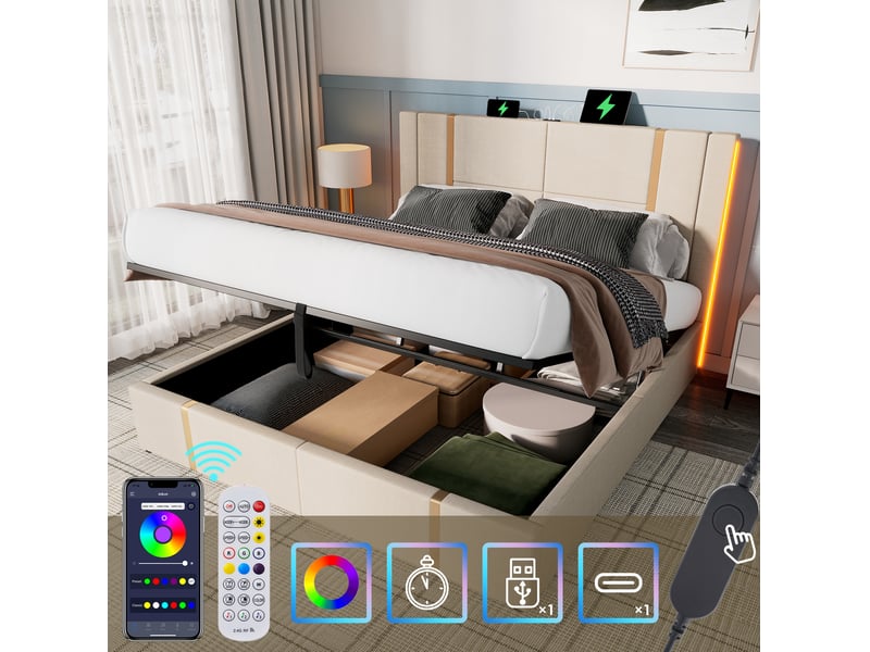 Lit coffre tcqpz 160 x 200 cm led usb type-c tête de lit chargeur rangement beige lin  - Conforama B