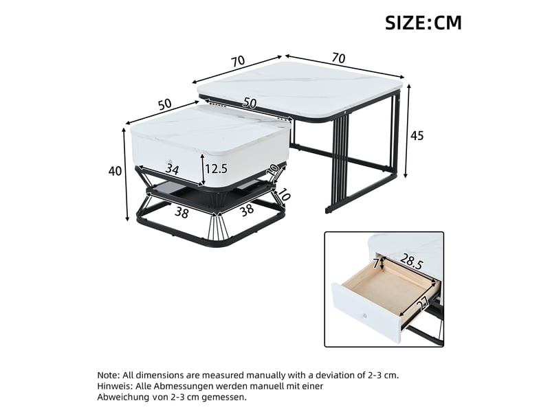  Lot de 2 tables basses gigognes carrées effet marbre avec 1 tiroir 70x70cm + 50x50cm mdf et métal blanc et noir  - Conforama C