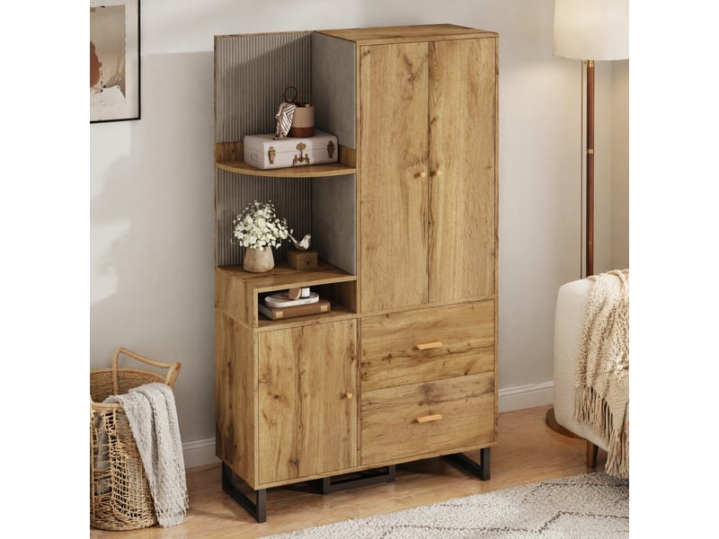 Meuble d'entrée avec 1 porte, 2 tiroirs et rangement en mdf 110×38×186 cm noir naturel - Conforama B