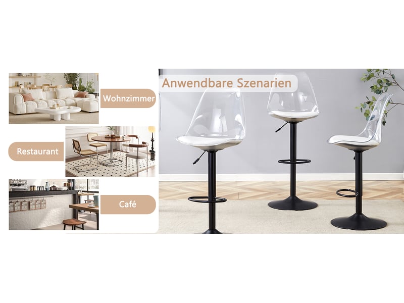 Lot de 2 tabourets de bar transparents, hauteur réglable 60-80 cm, pivotant à 360 degrés, pieds en métal noir - Conforama W