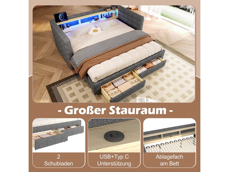  Lit de jour velours gris 90x190 cm avec lit gigogne extensible, éclairage led, tiroirs de rangement et ports usbtype-c  - Conforama E