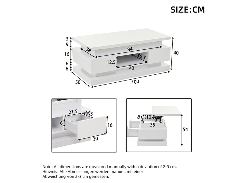  Table basse relevable 100x50x40 cm blanche avec led, 2 tiroirs et rangement  - Conforama C