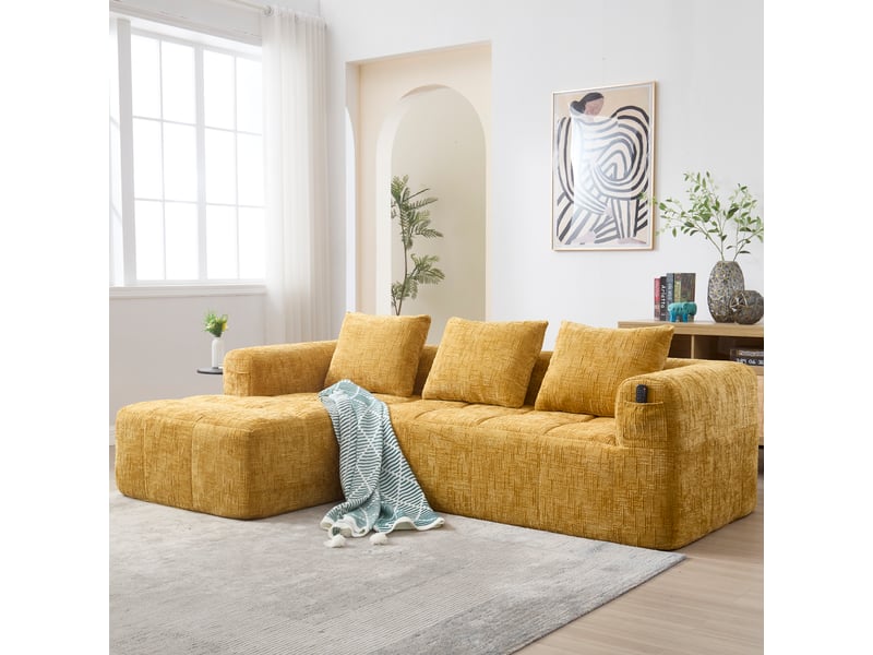  Canapé d’angle en l 3 places sans montage avec méridienne, accoudoirs, 3 coussins et poche latérale, chenille, jaune Seren Glow - Conforama B