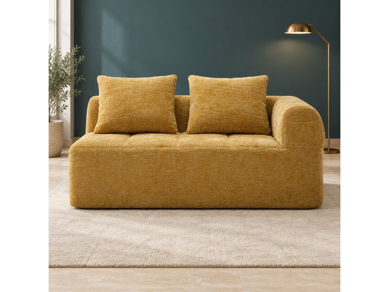  Canapé droit 2 places avec méridienne, poches latérales et coussin en chenille jaune, 158 × 90 × 60 cm  - Conforama B