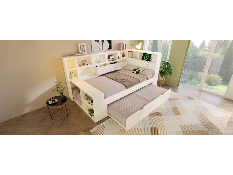  Lit gigogne 90x190 cm blanc bois de pin avec étagères et ports usb type-c rangement evarich - Conforama D