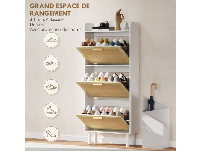  Meuble à chaussures 3 portes abattants étagère effet résine tressée design bohème 65 x 24,5 x 153 cm blanc  - Conforama E