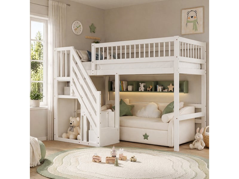  Lit simple 90x200 cm avec escalier de rangement en bois blanc  - Conforama C