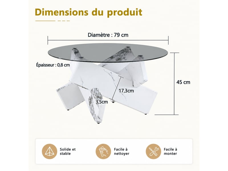  Table basse ronde en verre, table de salon moderne blanche avec plateau en verre trempé et socle géométrique aspect marbre, ø 79 cm.  - Conforama C