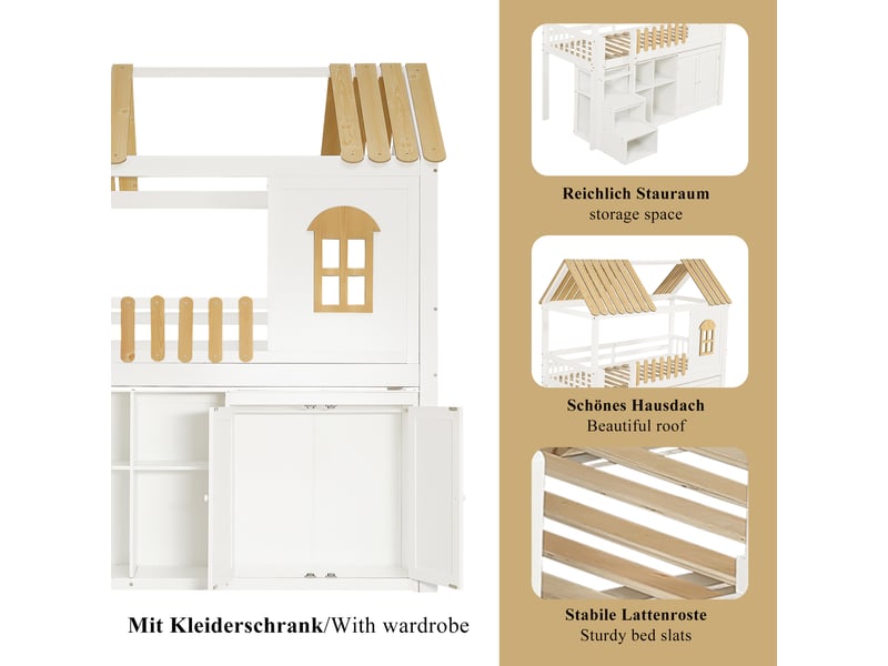 Lit mezzanine enfant simple 90×200 cm avec armoire, étagères et escalier - okmyhome- sans matelas, blanc naturel  - Conforama E