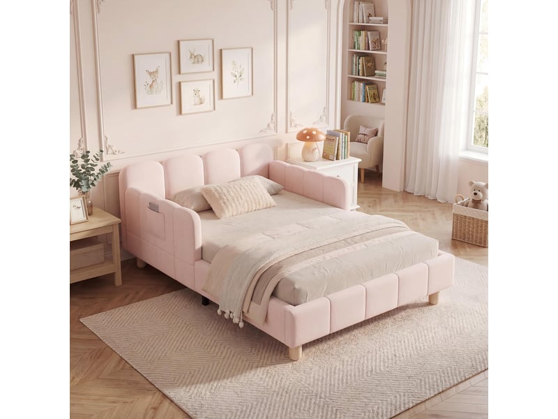  Lit 90x200 cm avec tête de lit rembourrée, lit d'enfant en velours bouclé, lit simple avec pieds en bois massif, couleur rose  - Conforama R