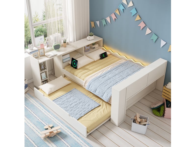  Lit gigogne 140x200 cm avec couchage 90x190 cm, rangements et led, blanc  - Conforama D