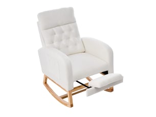 Fauteuil à bascule blanc 65,6 × 123 × 102 cm, tissu bouclette et bois, repose-pieds réglable, poches latérales