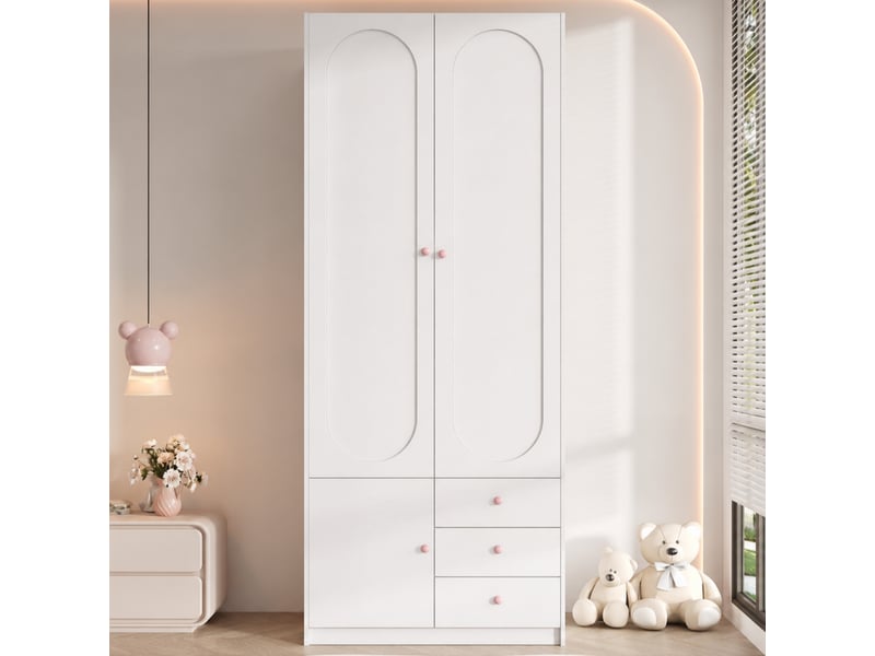  Armoire enfant 80 x 50 x 200 cm avec 2 portes, tiroirs, penderie et poignées en céramique rose, finition laquée blanche, grand meuble de rangement pour chambre OPULERANE TRADING LTD - Conforama E