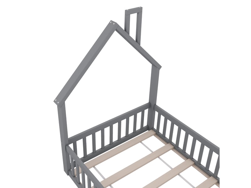  Lit cabane enfant 200×90 cm avec cheminée décorative et barrières, sommier à lattes, sans matelas, blanc et gris  - Conforama E