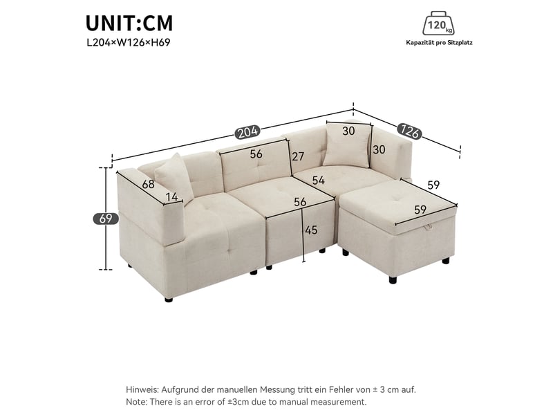  Canapé d'angle modulable 3 places 204x126 cm avec pouf coffre amovible, assise à ressorts ensachés, 2 coussins, chenille beige Radiant Stride - Conforama C
