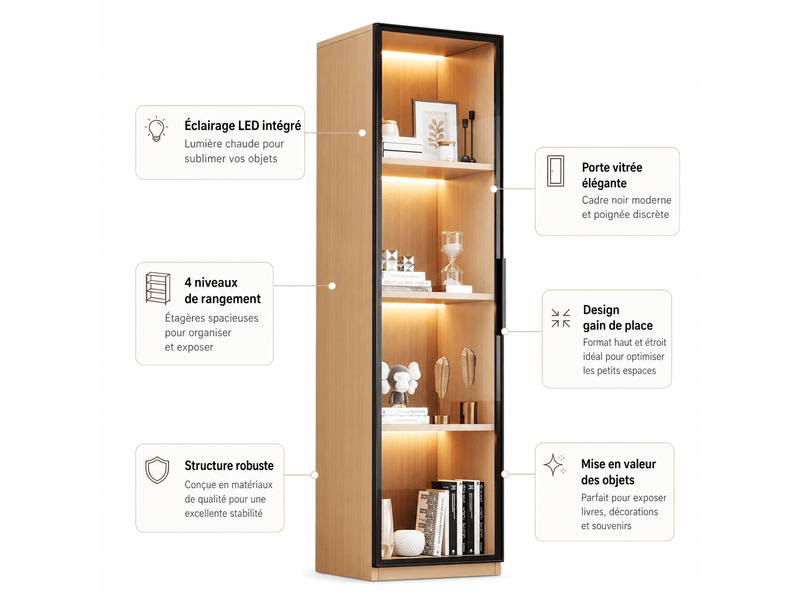  Vitrine etroite avec porte en verre 40x40x165 cm mdf effet chene led  - Conforama D