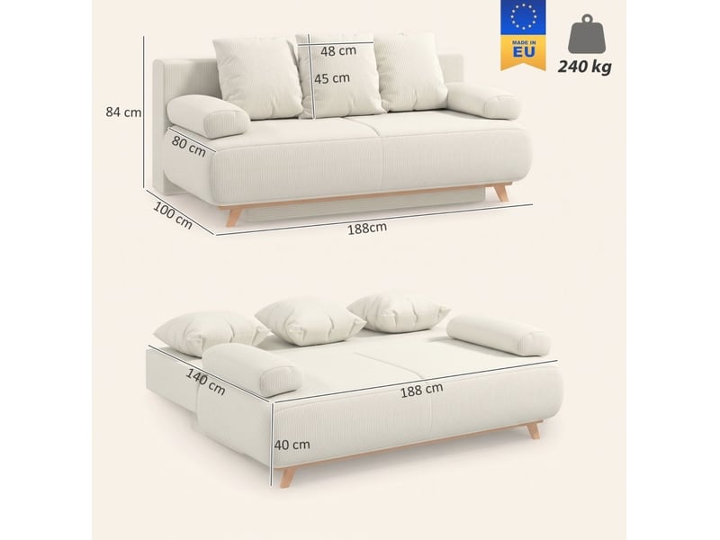  Canapé convertible 2 places avec dossier réglable, couchage et coffre de rangement en velours côtelé beige  - Conforama C