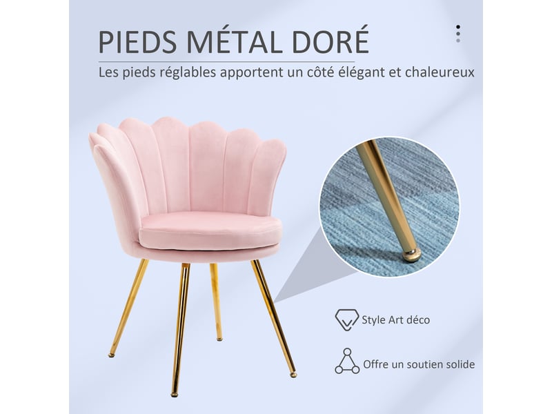  Fauteuil coquillage en velours rose poudré pieds en métal doré 67x64x77 cm  - Conforama D