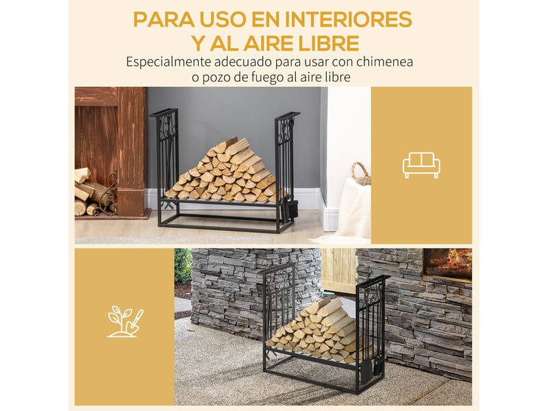  Porte-bûches en acier noir avec 4 outils, capacité 100 kg, 75 x 30 x 60 cm  - Conforama W