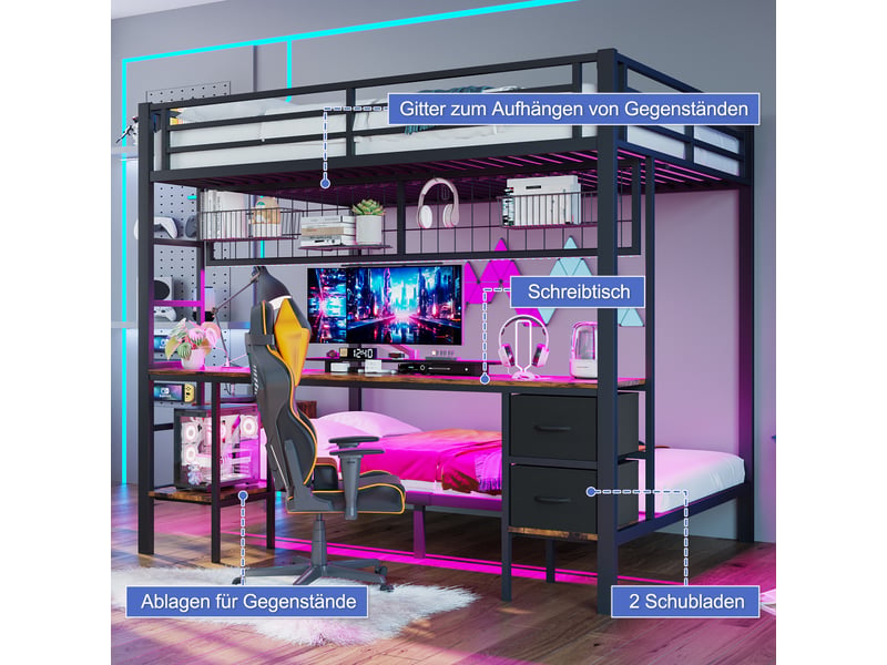  Lit mezzanine double 140×200 cm avec bureau, tiroirs, étagères, led et usb  - sans matelas, métal - noir  - Conforama E