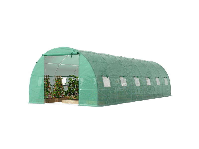  Serre tunnel de jardin 8 x 3 x 2 m avec 12 fenêtres et porte enroulable, acier et polyéthylène 140 gm², vert  - Conforama B