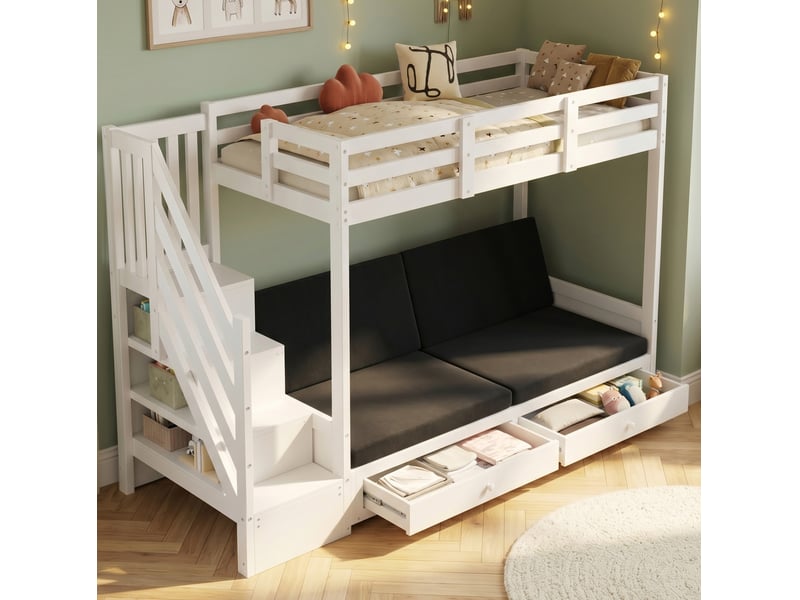Lit mezzanine enfant 90x200 cm avec escalier de rangement et 2 tiroirs, blanc - Conforama C