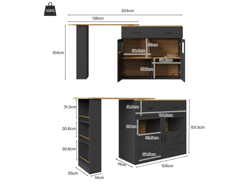  Table de bar extensible 138x39x104 cm pivotante 360° mdf noir  - Conforama E